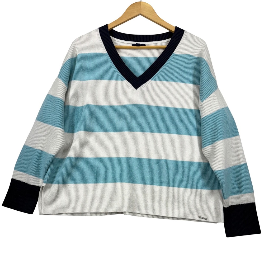 Nautica‎ Women's Aqua/White Striped V-Neck Knit XL Cozy Y2K Nautical Sweater